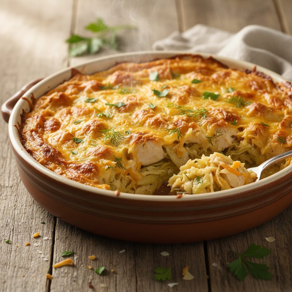 Запеканка из цыпленка с капустой и сыром